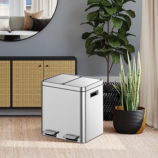Garvee 8 Gallon Stainless Steel Dual Compartment Trash Can - 2x15L Recycling Bin with Soft-Close Lid, Fingerprint-Proof Kitchen & Office Waste Sorting Bin