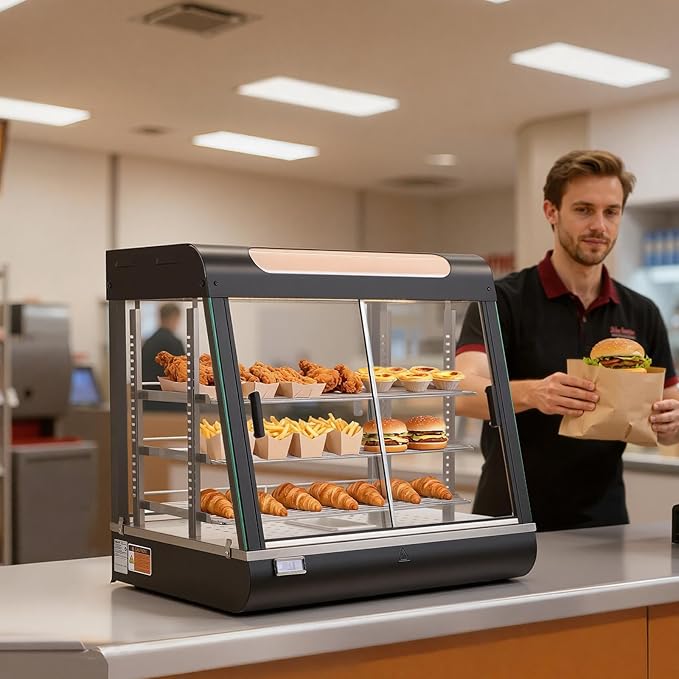 VEVOR 3-Tier Commercial Food Warmer Display, 1200W Food Display Warmer with LED Light, Top Storage and Adjustable Shelves, 86℉~185℉ Steam Heating, 106Qt/100L for Hamburger, Pizza, Bread, Fried Chicken
