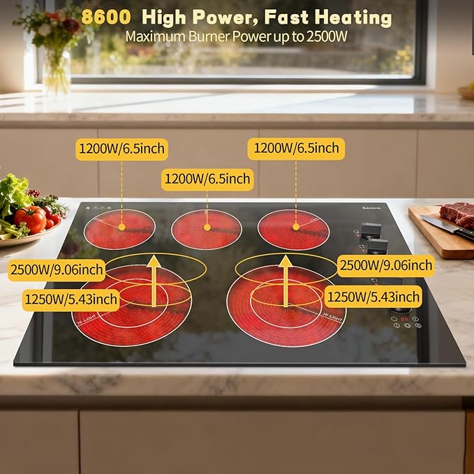 Karinear 30 inch Electric Cooktop, 8600W 5 Burner Radiant Electric Stove Top, Knob & Touch Control with 9 Power Levels, Expandable Zone, Timer, Child Safety Lock, 240V Hardwired
