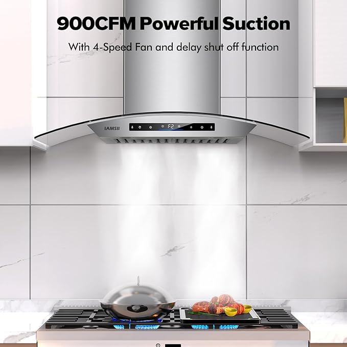 30 inch Wall Mount Range Hood 900 CFM Ducted/Ductless Convertible, Kitchen Chimney Vent Stainless Steel with Gesture Sensing & Touch Control Switch Panel, 2 Pcs Adjustable Lights