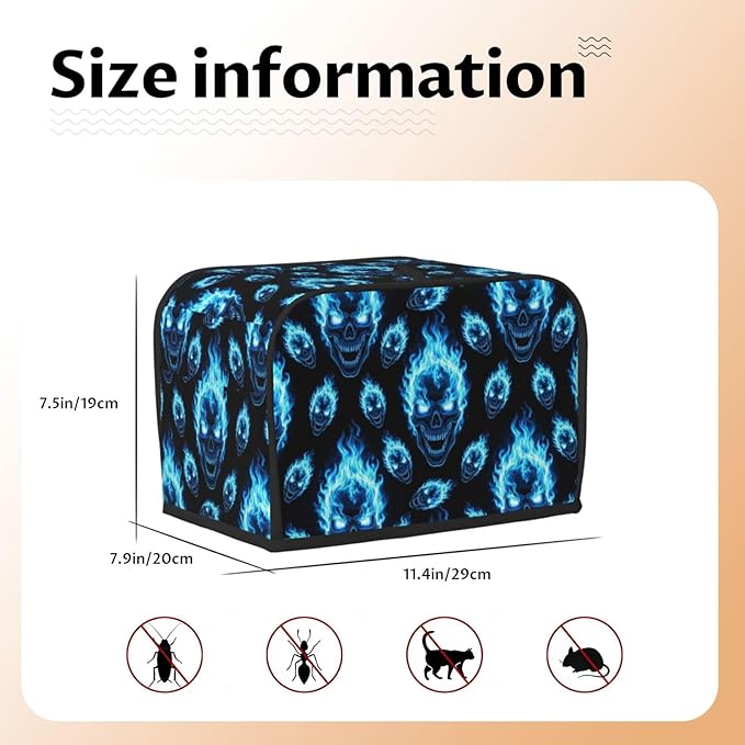 Polyester 2 Slice Toaster Dust Cover, Blue Fire Flame Skulls Fingerprint Protector with Pocket, Washable Kitchen Small Appliance Cover