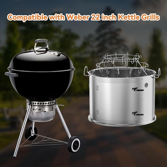 Charkettle Stainless Steel Grill Smoking Kit, with 3-Tier Rib Hanger and Openable Door, Compatible with Weber 22 inch Kettle Grills - Convert Your Kettle into Smoker