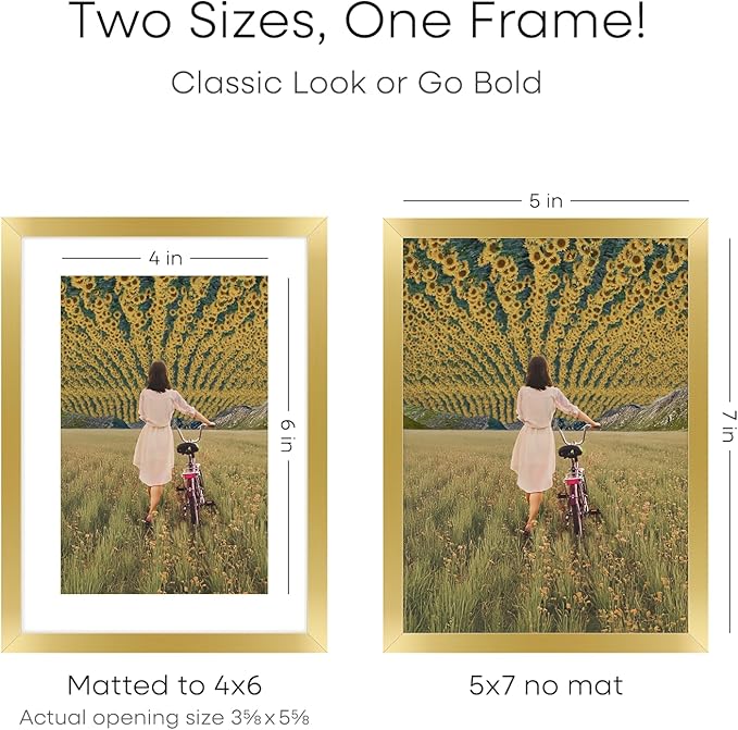 Homeforia 5x7 Picture Frame Gold, High End Metal 5 x 7 Gold Frames with Mat 4 x 6 for Print, 5by7 Desk Frame Matted to 4x6 inch Photo, 5 by 7 Wall or Tabletop Frame, Tempered Glass, Wall Kit, Set of 2