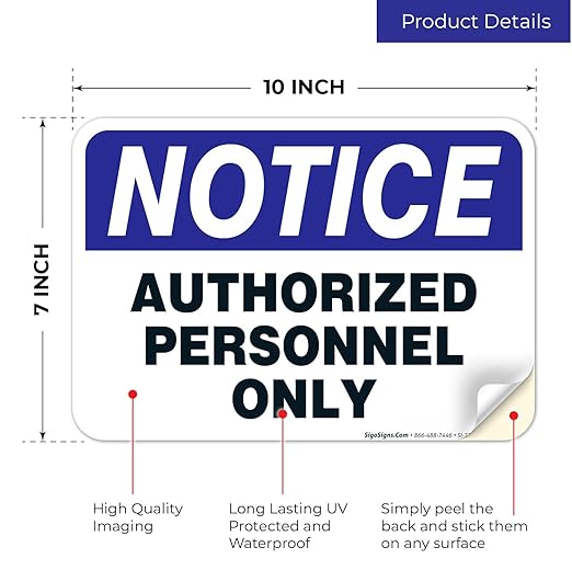 Authorized Personnel Only Sign, 10x7 Inches, 4 Mil Vinyl Decal Stickers Weather Resistant UV Protected, Made in USA