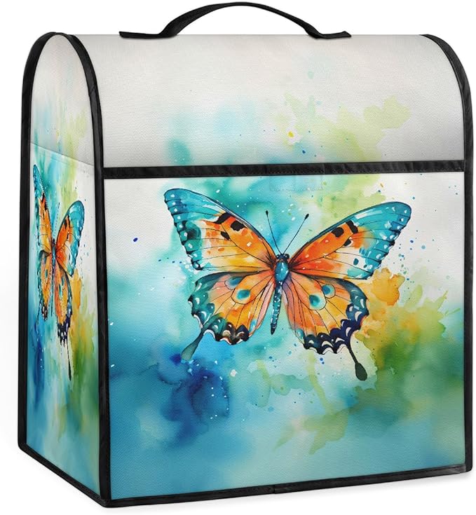 Kitchen Aid Mixer Cover Watercolor Butterfly Animal Stand Mixer Cover Compatible with 6-8 Quarts Stand Mixers, Dust Covers with Zipper Pocket Foldable Washable Kitchen Aid Organizer Bag