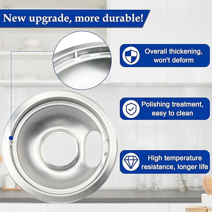 4 Pack (2) 6" & (2) 8" Electric Stove Burner Covers, Replacement Chrome Drip Pans for Whirlpool W10278125 W10196405 W10196406