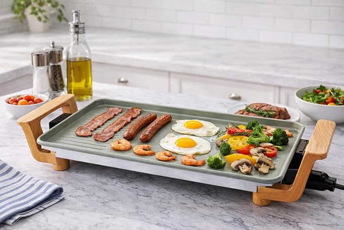 Living+ 19-Inch Electric Griddle – Large Nonstick Griddle Pan Electric, Flat Top Grill & Pancake Griddle, 1400W Indoor Electric Griddle Nonstick with Detachable Thermostat, Cool Touch Handles, Mint