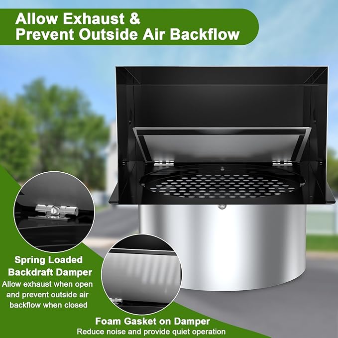 8 Inch Hooded Wall Vent, Dryer Wall Vent Cover Outside with Screen and Damper, Wall Exhaust Vent Cover, Outdoor Air Vent Cap for Range Hoods/Kitchen/Bathroom/Laundry/Basements/Garages, Black