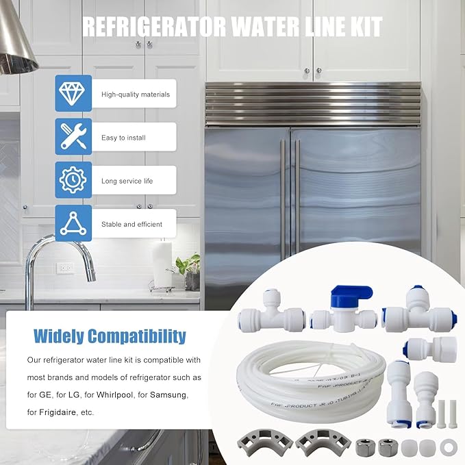 Refrigerator Water Line Kit Connection and 1/4 Compression Ice Maker Installation Kit,1/4" OD Tubing with Quick Connect Universal for GE LG Whirlpool Samsung Frigidaire