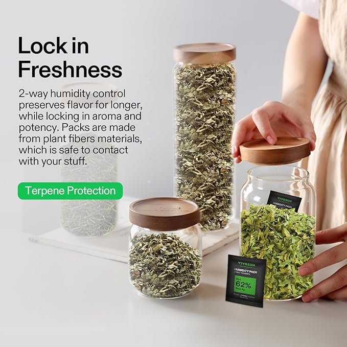 VIVOSUN 62% RH Two-Way Humidity Control Packs, Size 4 g, 10 Packs for Storing 1/2 oz, Moisture Balancer with RH Indicator Card for Food & Herb Storage