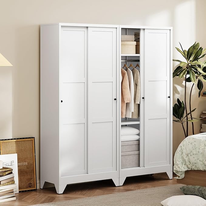 Letaya Metal Sliding Door Wardrobe Cabinets,68" Tall Armoire Wardrobe Closet with Sliding Doors and Shelves,Narrow Slim Coat Closet Cabinet with Hanging Rod,Space Saving for Home (White)