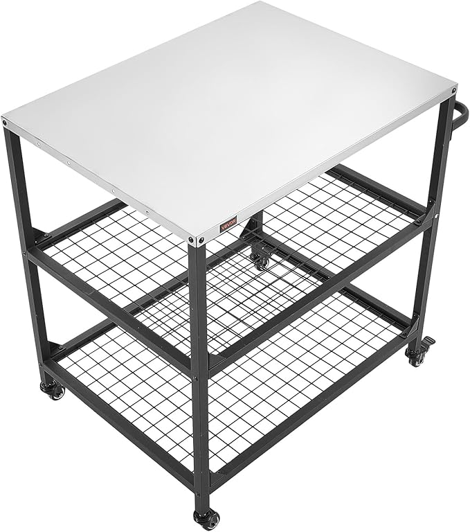VEVOR Outdoor Grill Cart, 31.5 x 24.0 inch Stainless Steel Tabletop Size Grilling Table, Outdoor Cooking Table with 4 Wheels & Side Handle, Two Mesh Shelves, BBQ Prep Tables for Patio, Garden