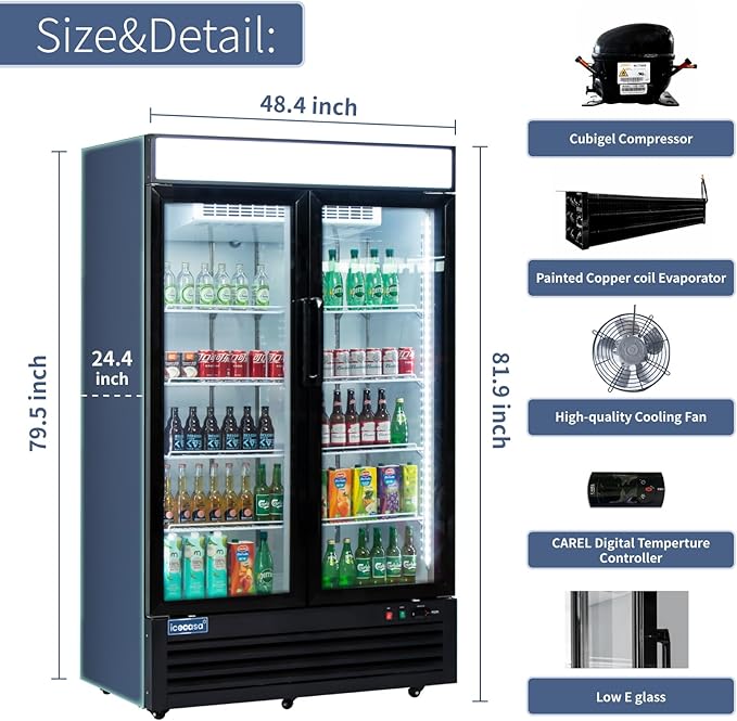 ICECASA 48" W Merchandiser Commercial Display Refrigerator Double Glass Door Reach-in 36 Cu.ft Display Refrigerator Fan Cooling for Restuarant, Bar, Shop, etc