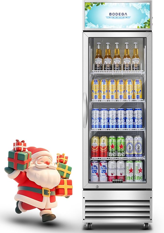BODEGACOOLER Commercial Merchandiser Refrigerator, 9 Cu.Ft Glass Door Beverage Refrigerator, Upright Beverage Display Cooler with Soft LED Light, Adjustable Shelves, 4 Strong Castors(Stainless Steel)