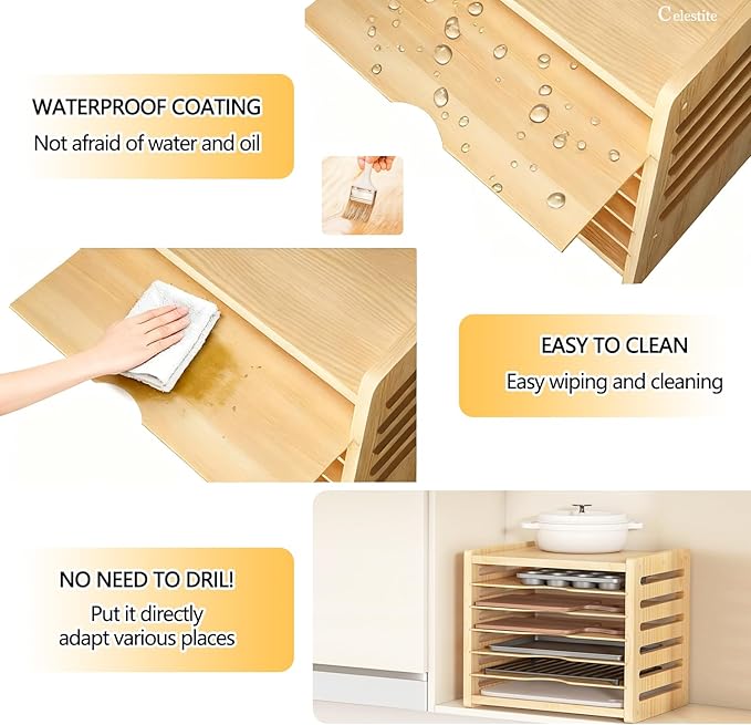 celestite Wooden Tray Dividers for Cabinets, Cookie Sheet Organizer for Cabinet, Baking Sheet Pan Organizer for Kitchen Organizers and Storage (7 Tier 20" Wx16.7 Hx15.2 D)