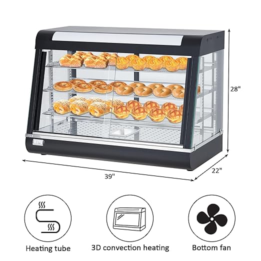 3-Tier Commercial Food Warmer, 800W Countertop Bakery Display Case, Pastry Display Case with LED Lighting, Removable Shelves, Glass Door, Food Display Case for Pizza & Pastry