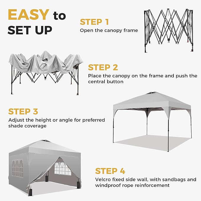 Saemoza 12x12 Pop Up Canopy Tent with One Push Setup, Outdoor Sun Shade Canopy with Vent Top for Backyard Party, Easy Up Instant Shelter with 4-Sandbags & Wheel Bag, White.