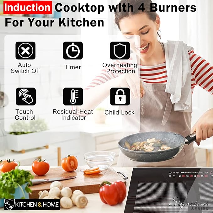 K&H 4 Burner Induction Cooktop - 24 Inch Built-In Electric Cermic Stove Top - 17 Heating Levels, 240V, 6800W High-Power Built-in Electric Stove Top - Child Lock, Timer & Touch Control - IN24-6004FLX