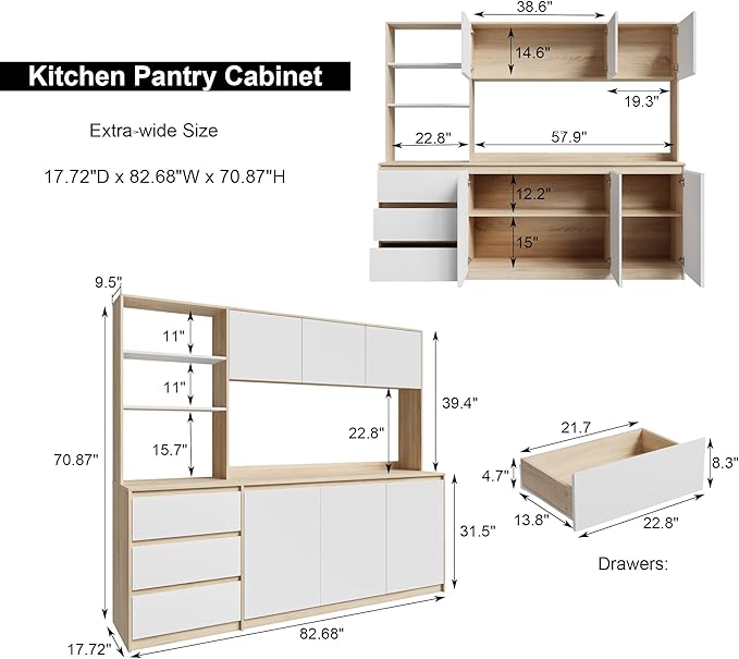 Extra Large Kitchen Pantry with Microwave Shelf, Kitchen Hutch Storage Cabinet with Countertop, Freestanding Countertop Cabinet with 3 Drawers and 3 Open Shelves, White + Walnut