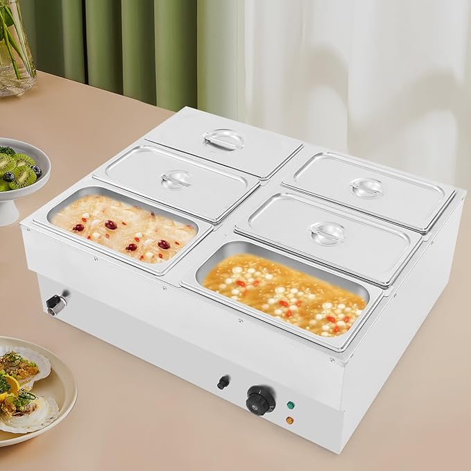 6-Pan Commercial Food Warmer, 1500W Stainless Steel Electric Buffet Warmer with Lid & Drain Valve, Countertop Steam Table Bain Marie for Parties, Catering, Restaurants & Buffet Serving
