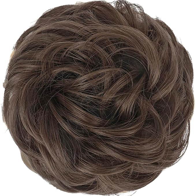 FESHFEN Large Messy Bun Hair Piece - Wavy Synthetic Chignon Scrunchies Elastic Ponytail Hair Extensions Thick Hairpieces for Women, Medium Chestnut Brown 1.94oz