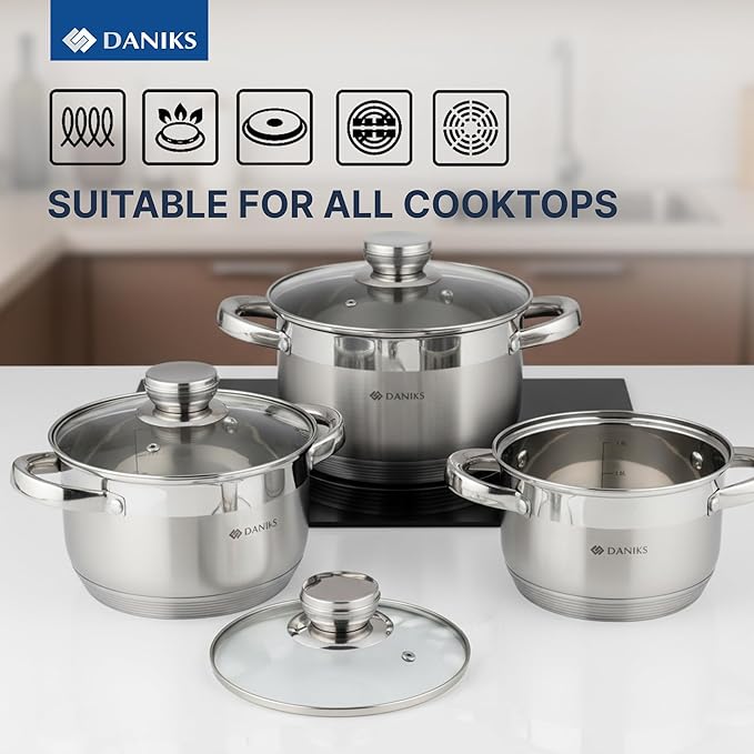 Daniks Standard 6-Piece Stainless Steel Cookware set with Glass Lid, Try-Ply Bases for Even Heating, Induction Compatible, Dishwasher Safe, Built-In Measuring Scale, Silver
