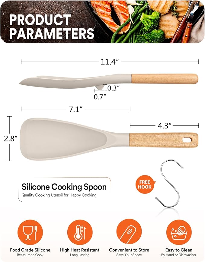 Cooking Spoon for Nonstick Cookwares, Great for Cooking and Serving Sturdy BPA-Free Matte Silicone, Wood Handle Spoon for Mixing, Scoop, and Scrape (KHAKI, 11.4 inch)