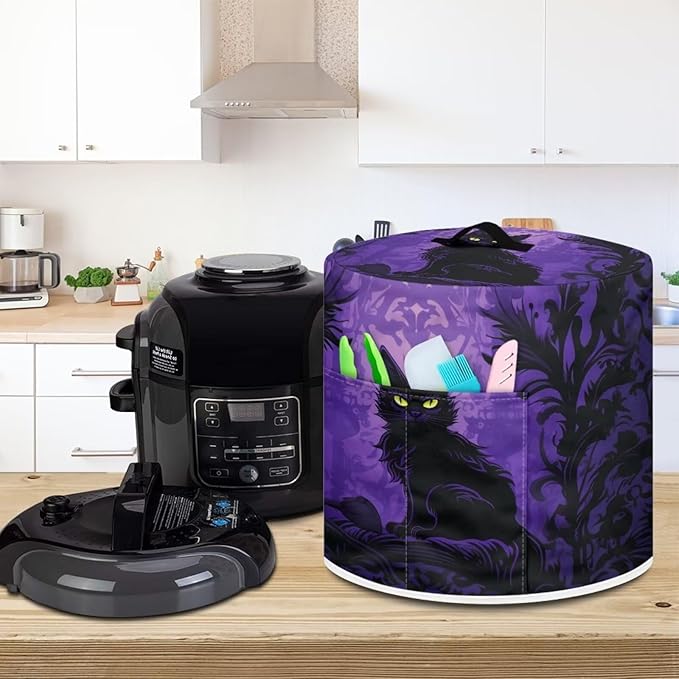 TODIYADDU Halloween Gothic Cat Dust Cover for Electric Pressure Cooker Waterproof Air Fryer Cover Dust Cover with Storage Pocket and Handle Portable Instant Pot 6 Quart Pressure Cooker Cover Gifts