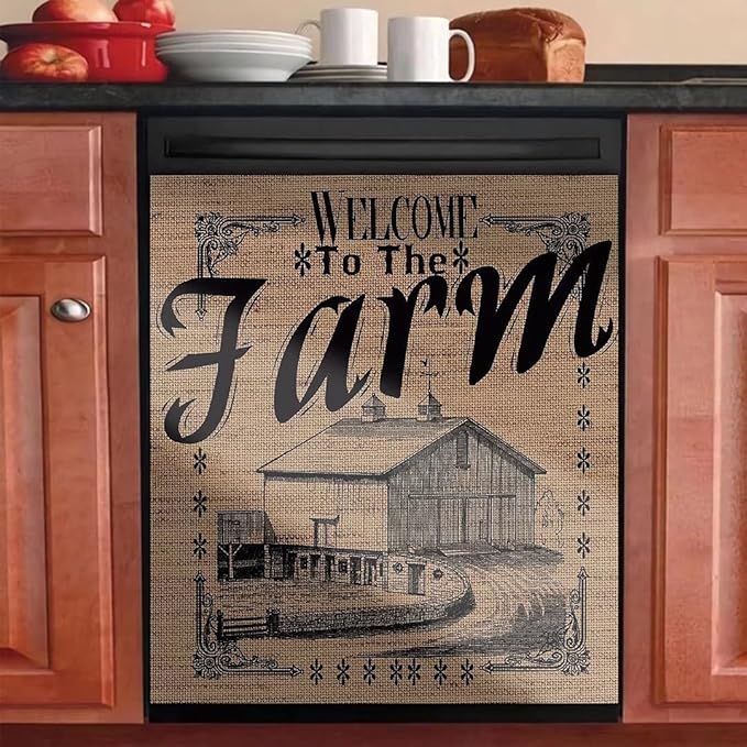Vintage Farmhouse Burlap Pattern Dishwasher Cover - Decorative Magnet for Dishwasher Door - Kitchen