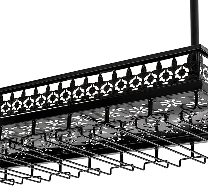 35inch Ceiling Wine Glass Rack, Adjustable Height Hanging Wine Goblet Holder, 2 in 1 Industrial Hanging Bottle Racks Black Metal Ceiling Stemware Shelves for Bar Cafe Kitchen