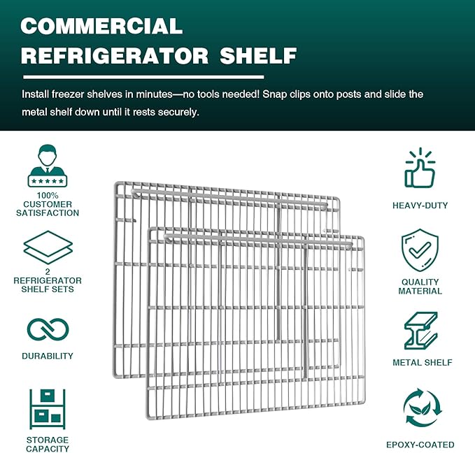 19 1/3" x 27 1/2" Commercial Freezer and Refrigerator Replacement Shelves for Three-Door Refrigerators, Set of 2, Epoxy-Coated Gray Steel Wire Shelves