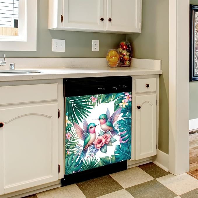 Summer Palm Leaf Bird Dishwasher Magnet Cover Summer Palm Leaf Bird Front Dishwasher Cover Decoration Reusable Magnetic Door Cover Panel Decal Home Appliances Stickers Kitchen Refrigerator 23"X26"