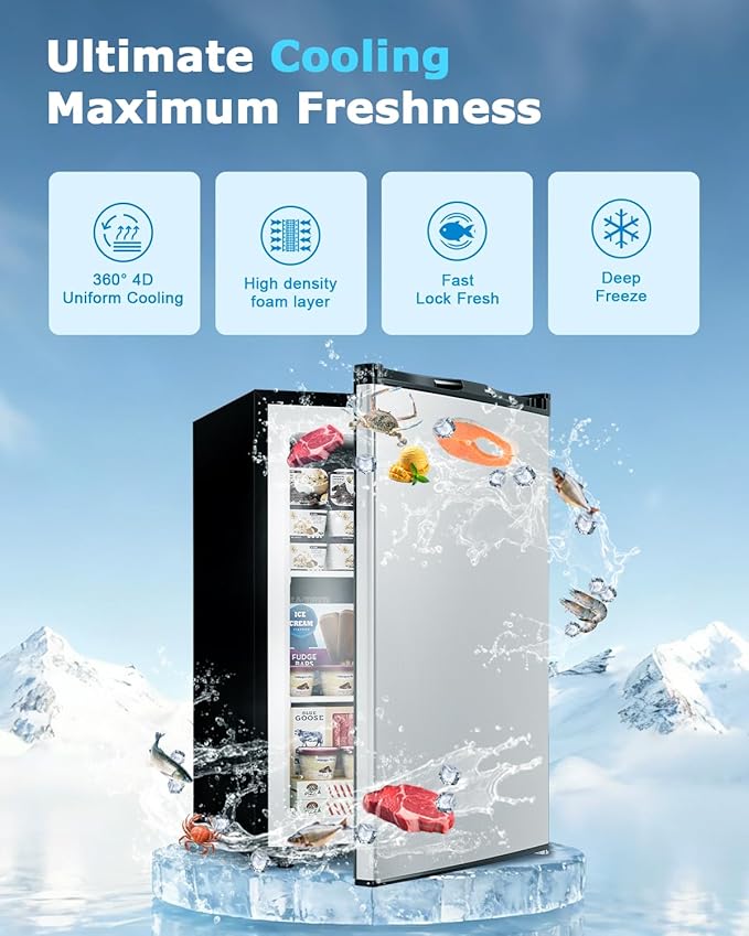3.0 Cu.ft Upright freezer - Compact Mini Freezer with 7 Adjustable Thermostat, Removable Shelves, Reversible Single Door, 360°Uniform Cooling Small freezer for Home Office Dorm, Silver