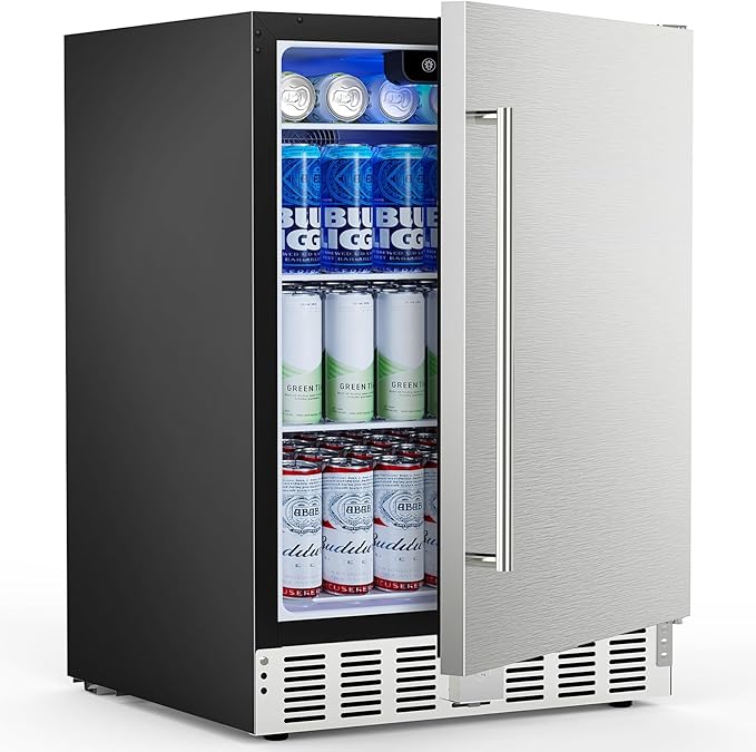 24 Inch Under Counter Beverage Refrigerator, Built-in and Freestanding Beverage Fridge Cooler 180 Cans with Stainless Steel Seamless Door, Powerful Cooling Compressor for Patio Kitchen, Commercial Use