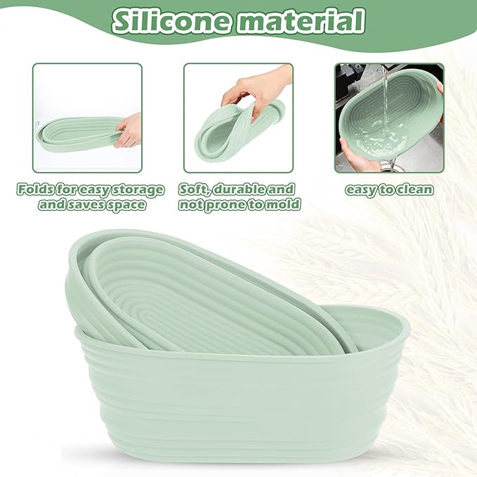 Nuogo 4 Pack Oval Bread Proofing Basket Silicone 10 Inch Collapsible Sourdough Bread Baking Supplies Dough Proofing Bowl with 4 Pcs Dough Scraper and 4 Pcs Basket Covers(Green)