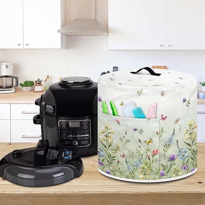 Dust Cover for 6 Quart Pressure Cooker and Extra Accessories, Dust Proof Easy to Clean Cover Electric Appliance Air Fryer Accessories with Storage Pocket, Floral Green