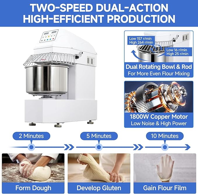40lbs/30Qt Commercial Spiral Dough Mixer with Timer, 1800W Electric Dough Kneading Machine with 304 Stainless Steel Bowl, Touch Screen,2 Speeds Dual Rotation for Restaurant, Bakery, Pizzeria