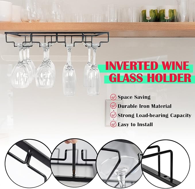 4 Rows Wine Glass Rack Under Cabinet Hanging Stemware Wine Glass Holder Under Shelf, 2 Packs Wire Wine Glasses Racks Hanger for Bar, Kitchen