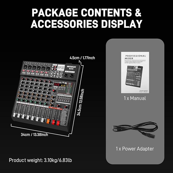 Audio Mixer 8 Channel Professional Sound Console Music Mixer with 320 DSP Effects, 7-band EQ DJ Mixing Board w/USB, Bluetooth, 48V Power Supply, PAD Button for Recording Karaoke PA Drum Live