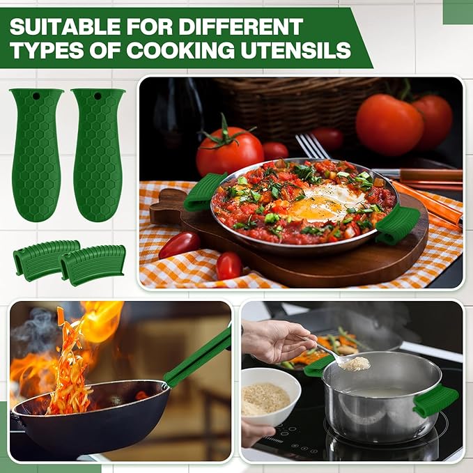 Patelai 8 Pcs Silicone Pot Holders Cast Iron Handle Cover Heat Resistant Pot Handle Covers Potholder Non Slip Reusable Pan Sleeve for Frying Pan Kitchen Supplies (Matcha Color)
