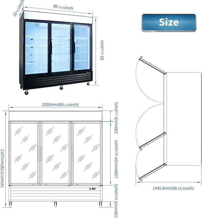 81" Commercial Upright Freezer with 3 Glass Door, 70 Cu.Ft Display Freezer Upright, -8~-1℉, Reach-in Fan Cooling Freezer with 8 Shelves & LED Top Panel for Restaurant Diner Bar, ETL Approved