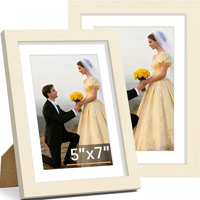 Vittanly 5x7 Picture Frame Set of 2, Solid Wood Frame for Wall or Tabletop, Display Photo 4x6 with Mat or 5x7 without Mat, White