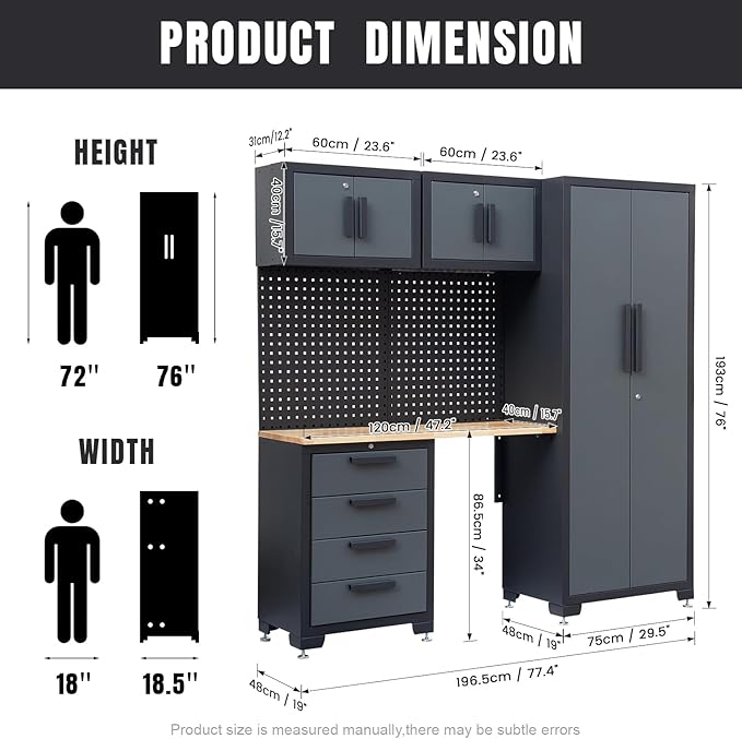 Garage Storage Cabinet System 7-Pcs Workshop Set Garage Cabinets and Storage System with Steel Cabinet Drawers, Workbench, Pegboard for Tool Organization