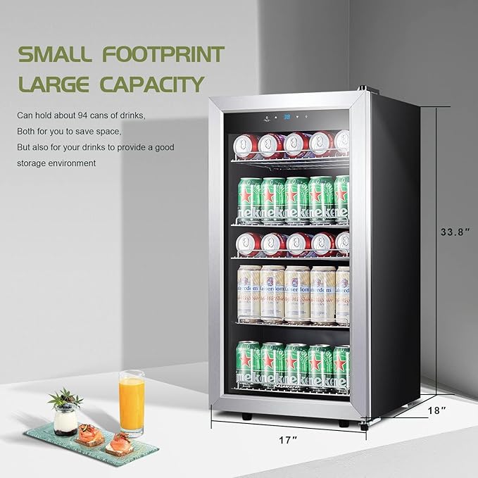 Kalamera Mini Beverage Fridge Refrigerator- 120 Cans Freestanding Drink Cooler - for Soda, Water, Beer or Wine with White LED Light