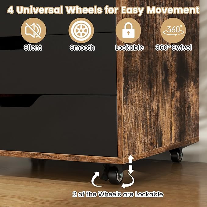 File Cabinet, Mobile Filing Cabinet w/Universal Wheels & 5 Drawers, Wood Printer Stand with Storage, Rolling File Cabinets for Home Office, Living Room, Bedroom (Rustic Brown, 5 Drawers)