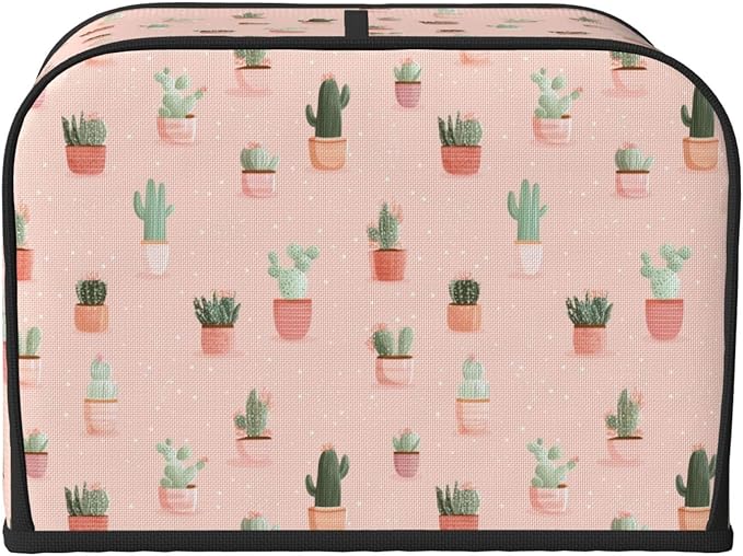 4 Slice Toaster Cover for Kitchen Cactus Pattern Pastel Waterproof and Dustproof Toaster Dust Cover with Side Pockets Decorative Universal Cover for Wide Slot Toasters and Small Appliances