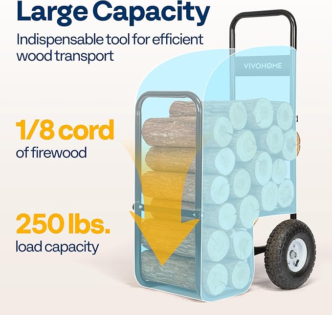 VIVOHOME Firewood Log Cart Carrier with Rubber Wheels and 600D Oxford Cloth, 250 LB Capacity Heavy Duty Steel Dolly Hauler, Rolling Wood Rack Storage Mover for Easy Transport Indoor Outdoor Use