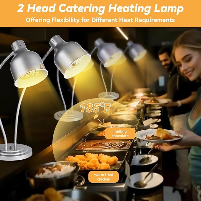 Food Heat Lamp,500W Commercial Food Warmer Lamp,Adjustable Food Warming Light with 3 Bulbs,2 Head Catering Heating Lamp for Kitchen Cafeteria Restaurant Buffet Parties
