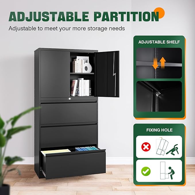 Letaya 3 Drawer Metal Storage Cabinets for Home Office,File Cabinet with Lock and 2 Adjust Shelves-Hang Filing Legal/Letter/A4/F4 Size（Black