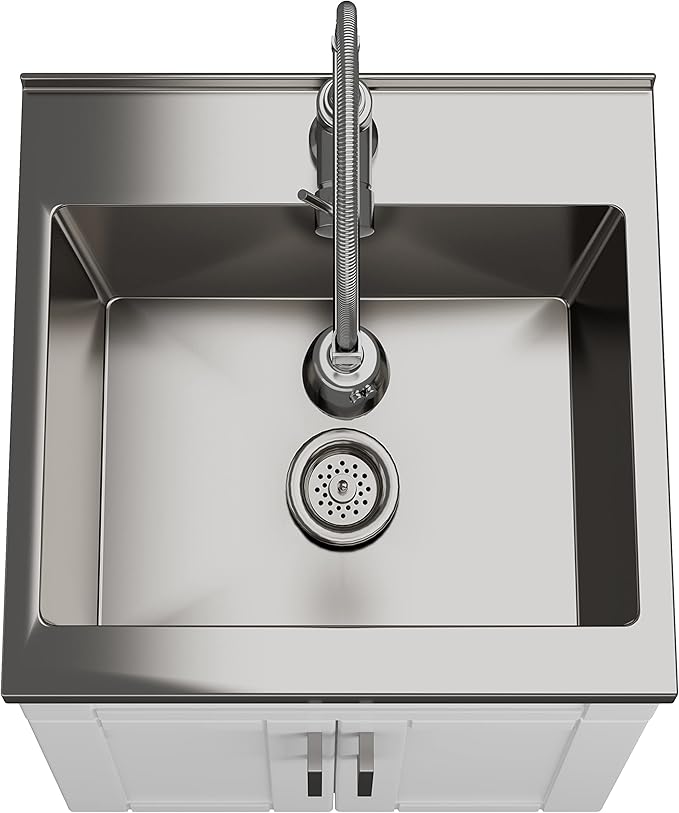SIMPLIHOME Hennessy All-in-One 20 inch Wide Utility Sink and Laundry Cabinet in Pure White Finish, Transitional Stainless Steel Sink Cabinet for Laundry Rooms with High-Arch Chrome Faucet and Storage